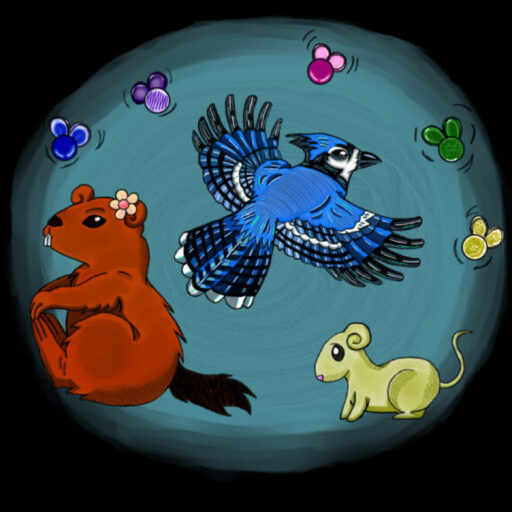 Illustrated blue jay, orange beaver with a flower by its ear, and pale green mouse surrounded by colorful glowing prism icons on a dark background